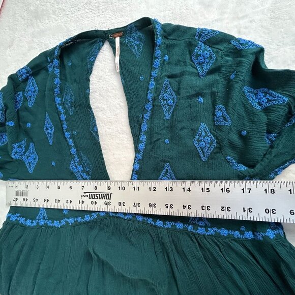 Free People Womens Diamond Embroidered Tunic Top Small V-Neck Long Sleeve Boho - Picture 6 of 7